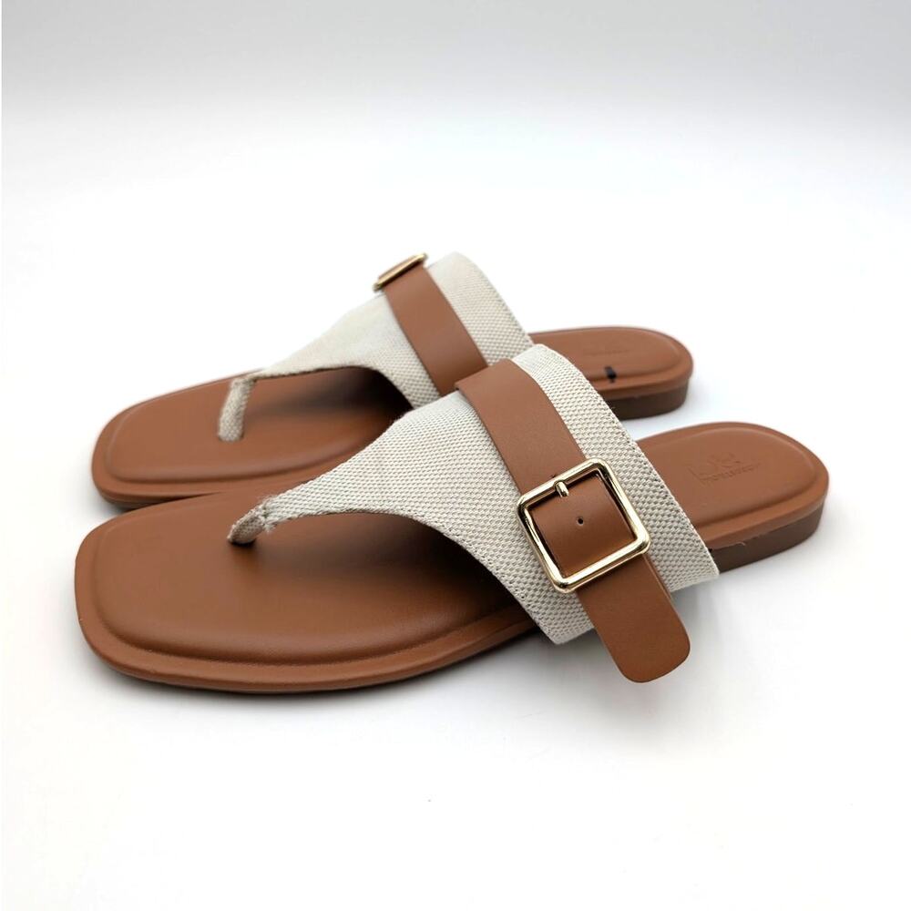 Nordstrom Rack Casen T-Strap Flat Sandals Women's Ivory/Cognac Sz US7M EU37